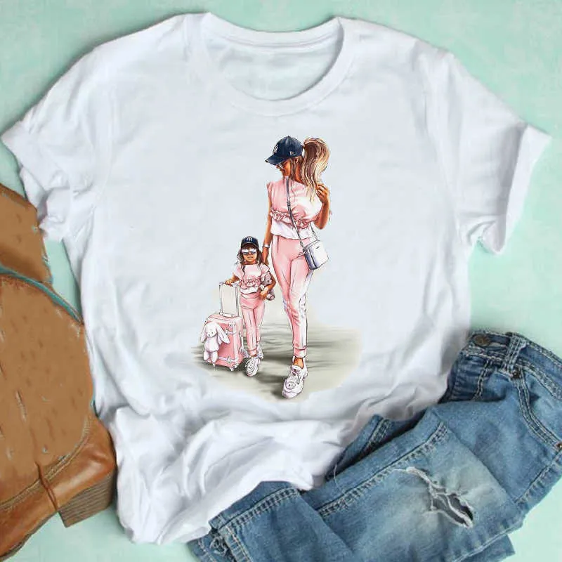 Mulheres Manga Curta Filha Menina Bonito Mujer Camisetas Dos Desenhos Animados Mãe Mãe Roupa Impressão Tshirt T-shirt Gráfico Tee Feminino X0527