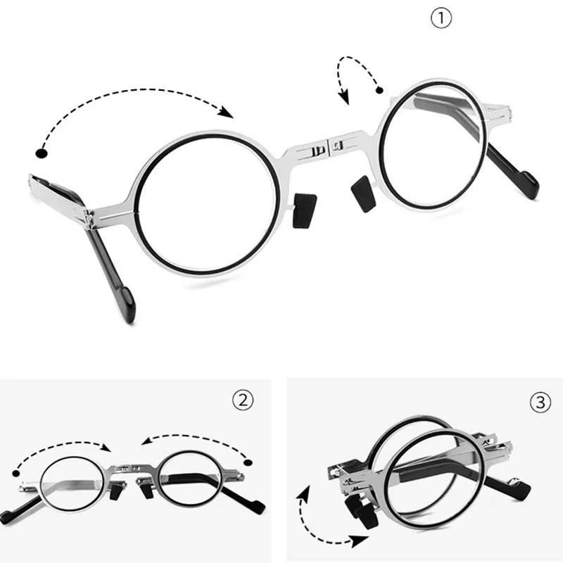 Rund metallram Vikbar läsglasögon Män Kvinnor Anti Blue Light Rays Blocking Presbyopia FarSighted Eyeglasses 1.5