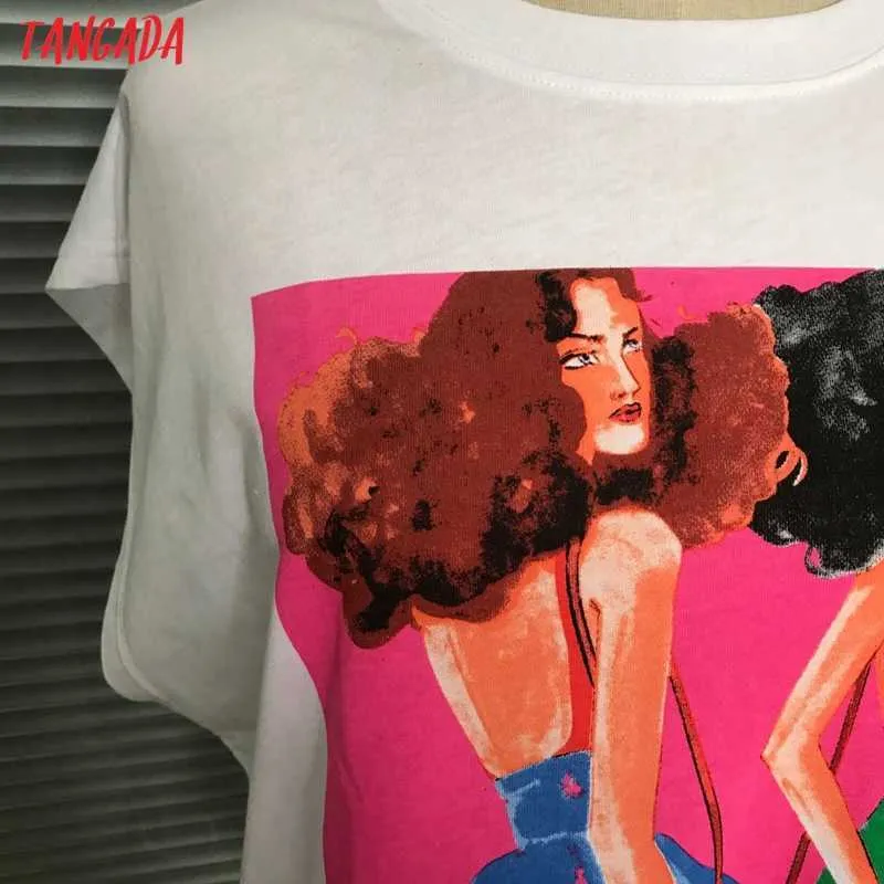 Tangada Summer Women Girls Pittura Stampa T-shirt oversize in cotone O Neck T-shirt da donna Casual T-shirt Street Wear Top TA3 210609