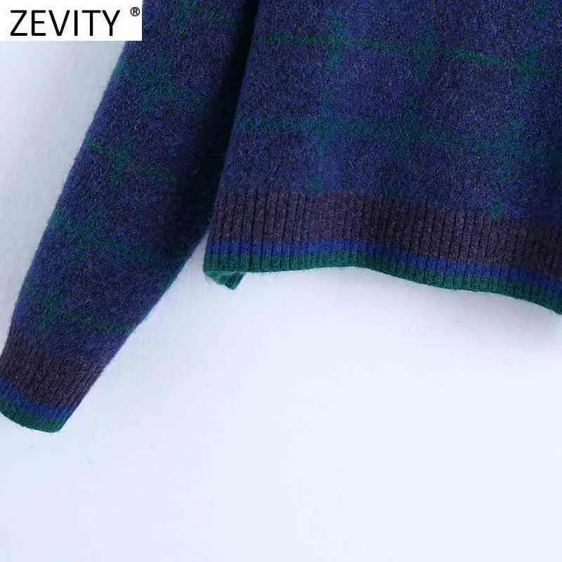 Suéter de punto suelto informal a cuadros con cuello vuelto a la moda para mujer, jerséis elegantes de manga larga para mujer, Tops S574 210416