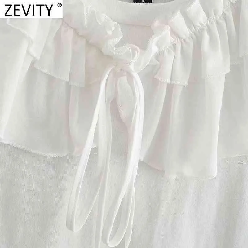 Zevity Nouvelles femmes Sweet Cascade Volants Décoration Casual Blanc T-shirt Femme Chic À Manches Courtes Tricoté Tops D'été T695 210419