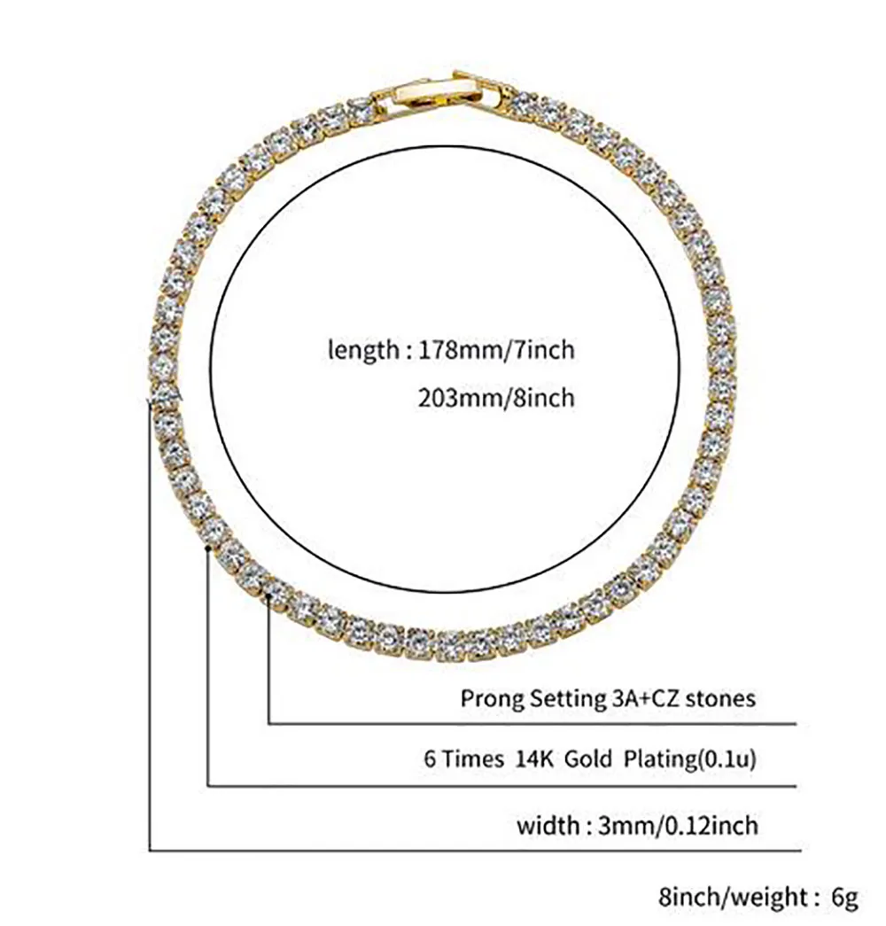 Bracelets de tennis européens et américains Hip Hop Tide plaqué or 14 carats Zircon Micro enveloppé 3mm 4mm 5mm bracelet 2911303243A