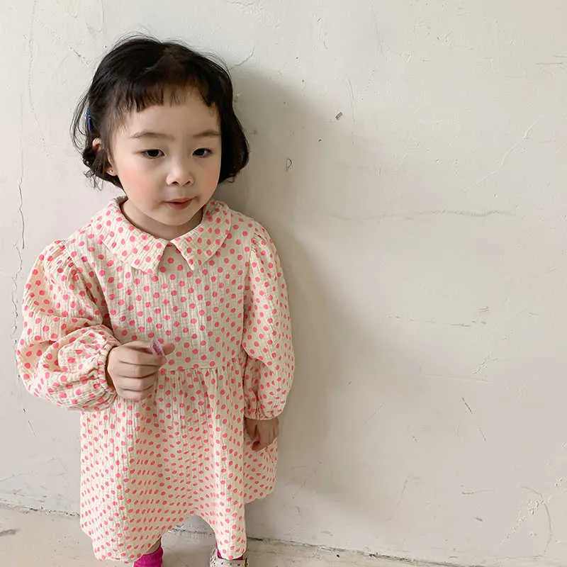Spring Coton Little Princess Dresses For Girls Fashion Cute Kids Dot Loose Casual Long Sleeve Dress 210615
