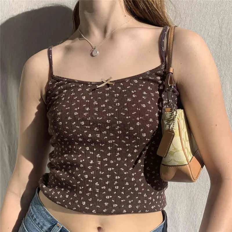 Top con stampa floreale marrone dolce Y2K con fiocco estivo da donna con cinturino sottile senza schienale nuova tendenza carino senza maniche crop Cami Outfits 210415