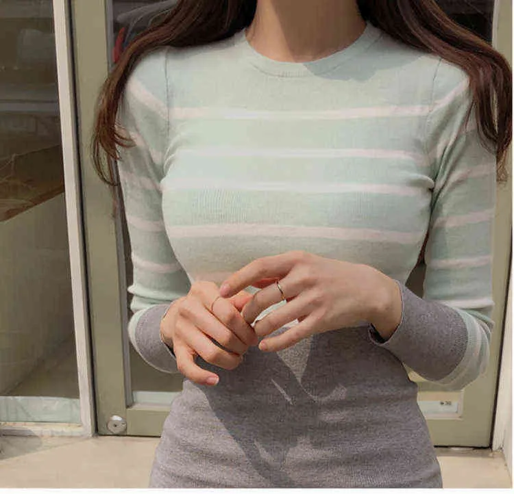 新鮮なミント色韓国のラウンドネックストライプコントラストニットバッグヒップドレス編み具体的な綿オフィスの女性シース膝丈G1214