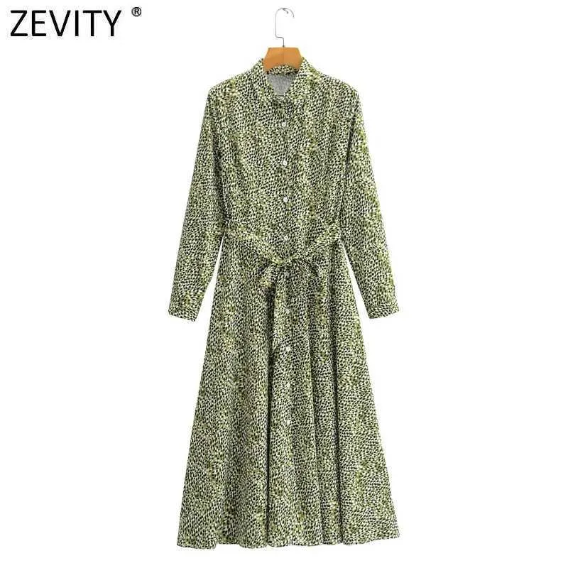 Zevity Women Vintage Leopardプリントグリーンシャツドレス女性長袖弓Tied SashesカジュアルスリムビジネスVestido DS4741 210603
