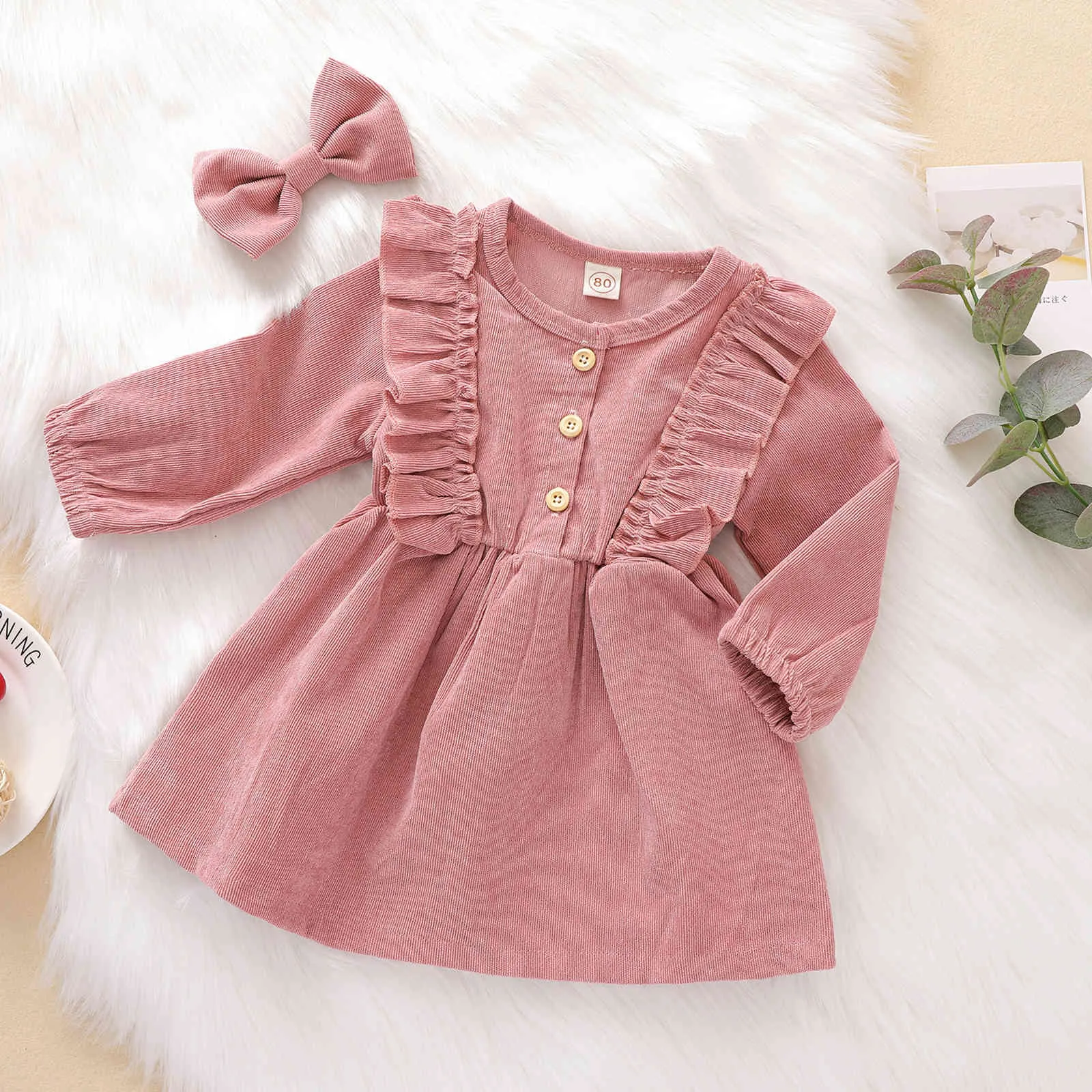 6M-5Y春秋の子供女の子子供赤ちゃんのCorduroy Dressビンテージ長袖Rufhles Tutu 210515