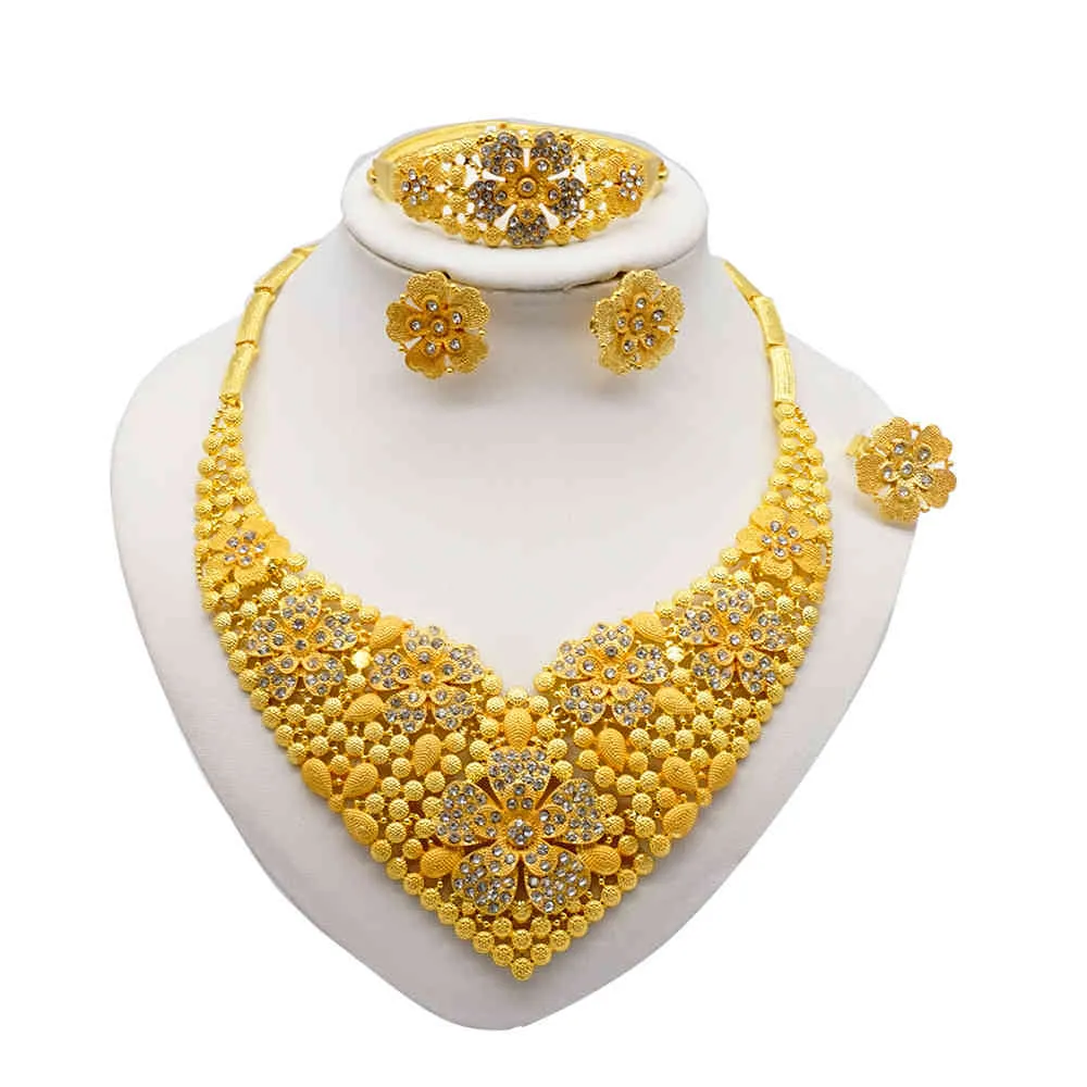 Halsketten für Frauen, Dubai, afrikanischer Goldschmuck, Braut, Ohrringe, Ringe, indischer nigerianischer Hochzeitsschmuck-Set, Geschenk 3493