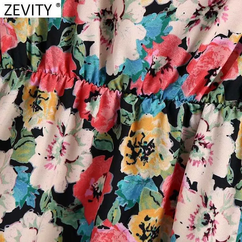 Zeefity Dames Vintage V-hals Bladerdeeg Mouw Elastische Taille Overhemd Jurk Vrouwelijke Chique Floral Print Casual Hem Ruffle Mini Vestido DS8275 210603