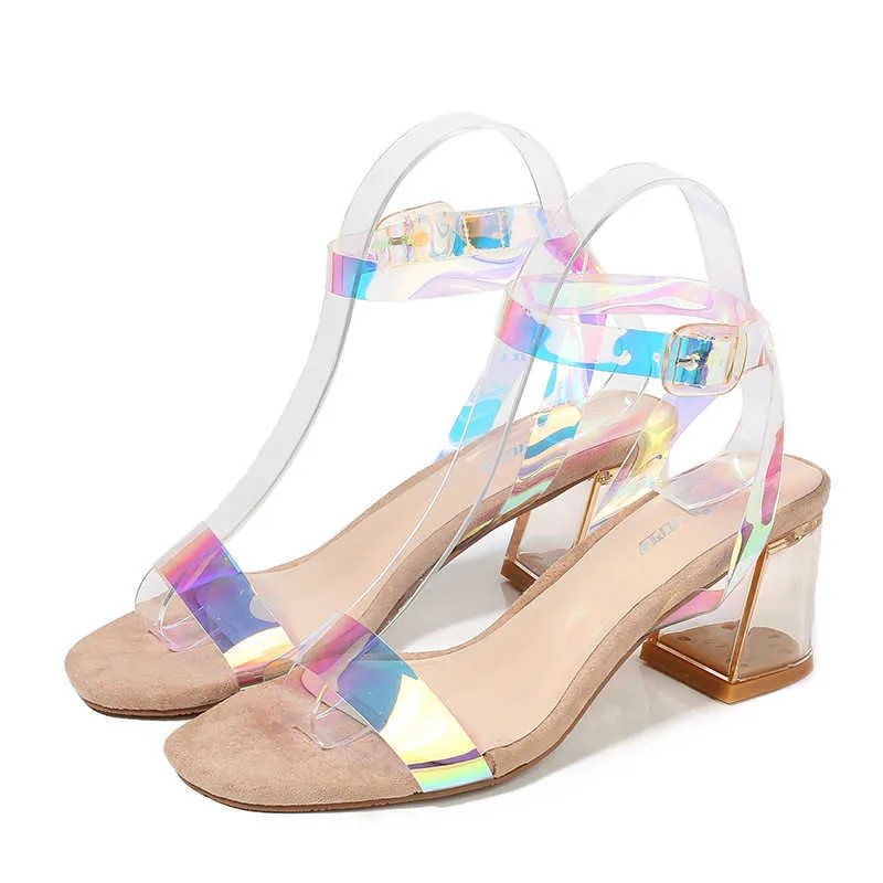 2021 PVC-gelé Sandaler Kristall Öppna Toed High Heels Kvinnor Transparenta Heel Sandaler Tofflor Pumpar 6cm Heels Women Y0721