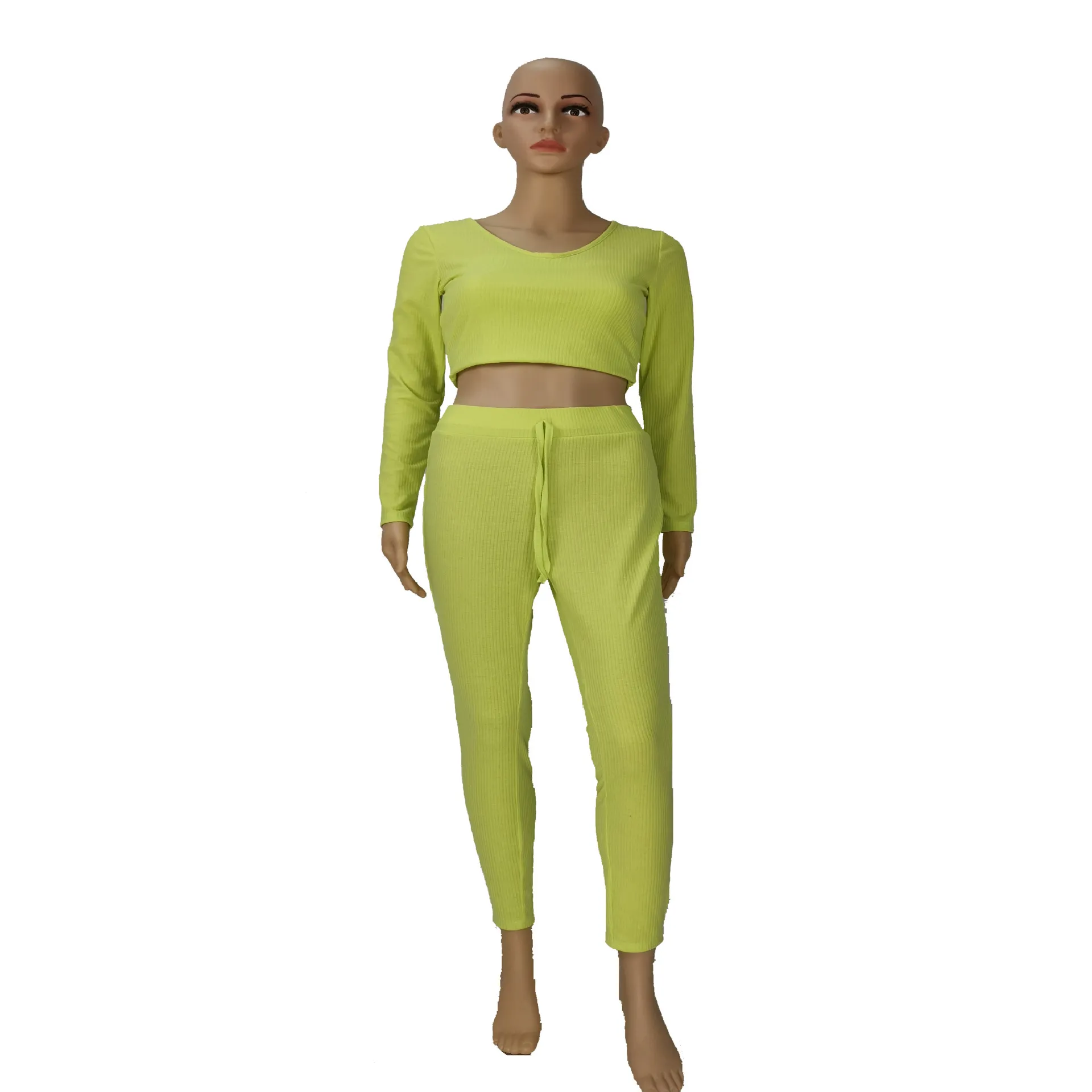 OMSJ Automne Vêtements Femmes Tricoté Fluorescent Vert À Manches Longues Crop Top + Pantalon Deux Pièces Survêtement Dames Occasionnels Oufits Mujer 210517