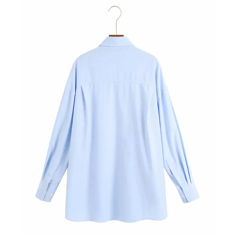 Blue Długie Kobiet Koszulki Przycisk Up Collared Rękaw Oversize Shirt Kobieta Kieszonkowy Asymetryczny Hem Kobiece Koszula 210519