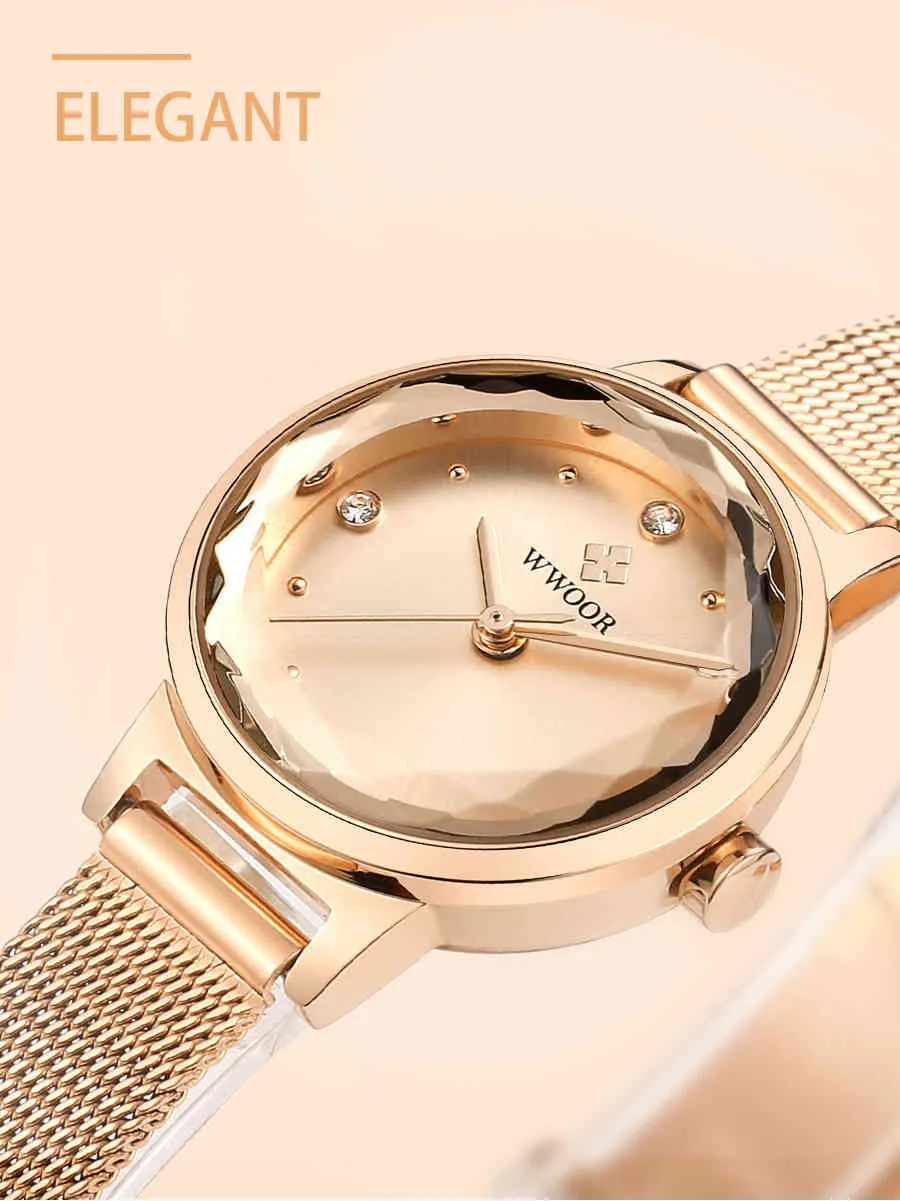 Reloj Mujer WWWoor Wwoor ES Luxo Marca Senhoras Pulseira de Cristal Pulseira Elegante Rosa Gold Quartz relógio impermeável