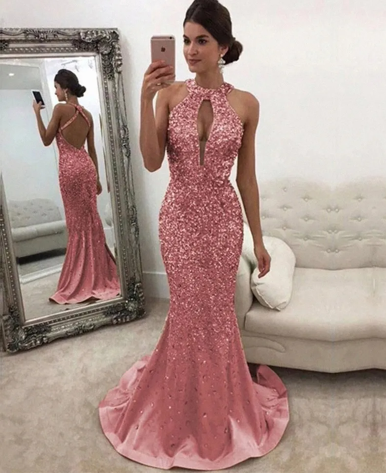 Plus size gouden pailletten zeemeermin prom jurken elegante lange mouwen avondjurken 2021 off -schouder vrouwen roze formele jurk 2848