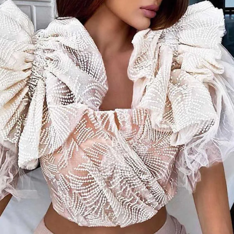 [DEAT] Summer Fashion Top Tinta unita Slash Neck Manica lunga Net Yarn Temperament Elegante camicia da donna 13Q063 210527
