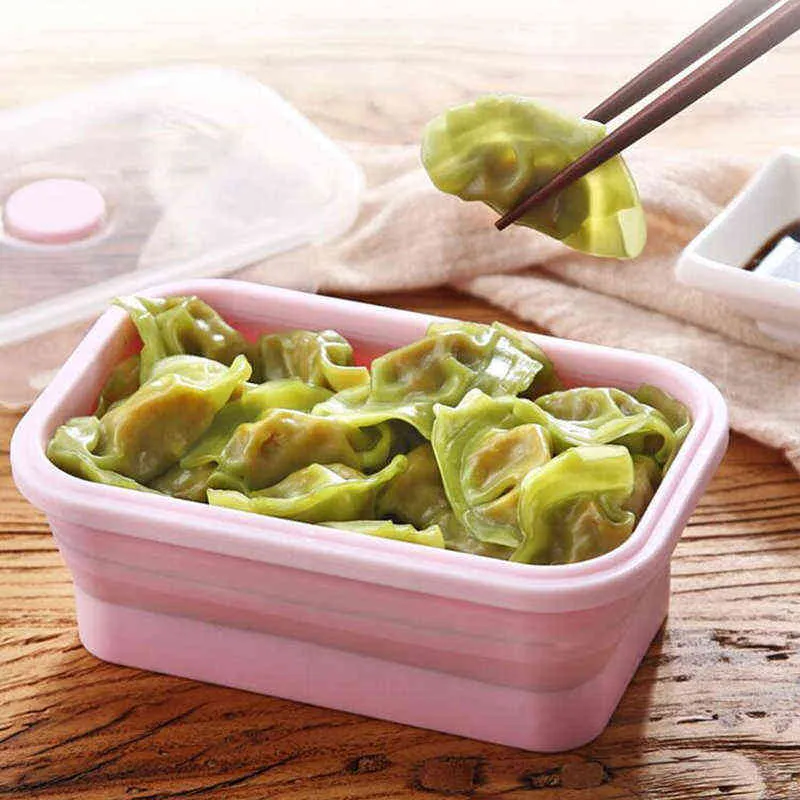 Silicone Rectangle Lunch Box Collapsible Bento Folding Food Container Bowl 300/500/800/1200ml for Dinnerware 211104