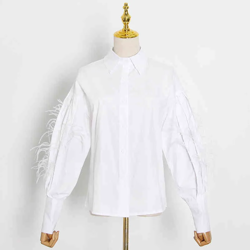 TWOTWINSTYLE Casual Patchwork Feather Blouse For Women Lapel Lantern Sleeve White Solid Shirt Female Fashion Clothing 210401