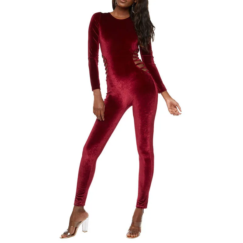 Höst Vinter Sexig Velvet Kvinnor Jumpsuit Elegant Party Klipp ut Midja Bodycon Playsuits Långärmad O Neck Body Overaller 210517