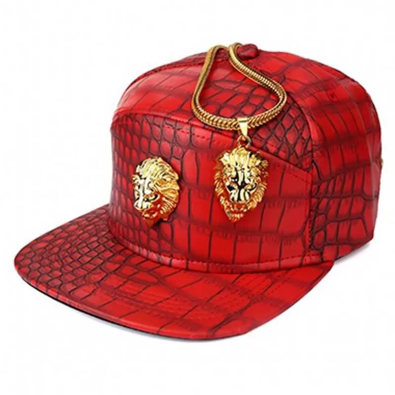 Хип-хоп рэп 5 панелей металл золото голова льва искусственная кожа бейсболка повседневная унисекс пряжка ремня шапки мужские черные красные 210623258q