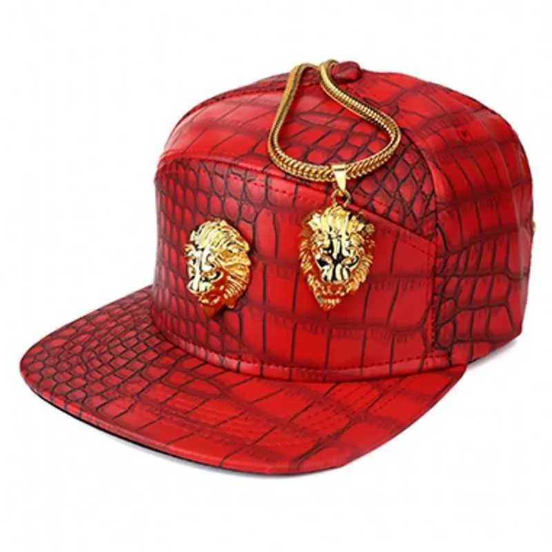 Hip Hop Rap 5 pannelli in metallo oro testa di leone berretto da baseball in pelle PU casual unisex cappelli con fibbia cintura uomo nero rosso 210623304j