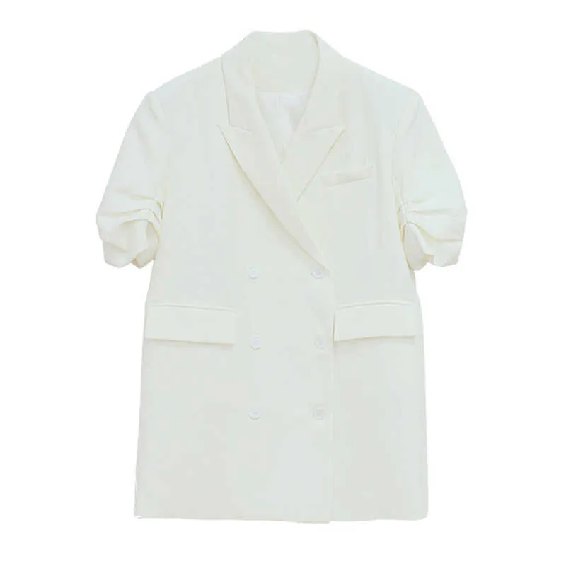 Costume d'été veste à manches courtes français couleur unie noir blanc pli bulle taille femme style coréen vêtements d'extérieur 210608