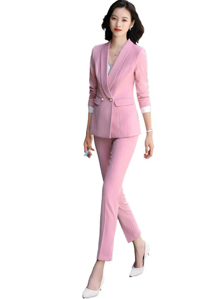 High-quality Plus Size Women's Suit Pants 2-piece Set Autumn Temperament Double-breasted Pink Jacket Slim Trousers 210527