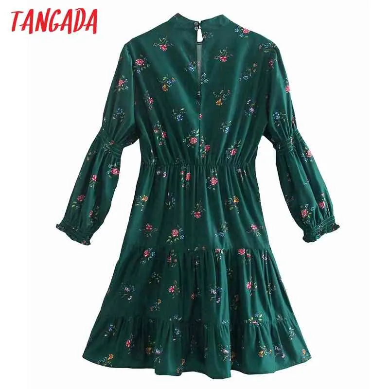 Mode femmes vert fleurs imprimer chemise plissée à manches longues haute rue dames Mini robe 2W85 210416