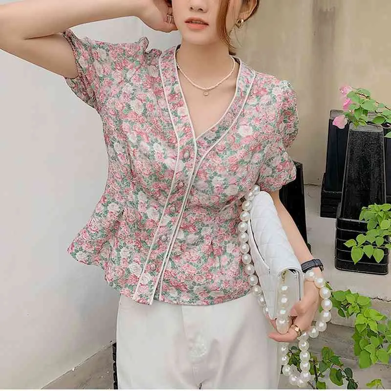 Vintage Print Slim Waisted Blouse Woman Shirts Temperament V-neck Camisas De Mujer Summer Short Sleeve Womens Tops 210514