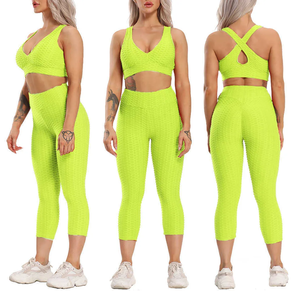 Femmes course costumes Sportswear Fitness pantalon Femme ensemble de Sport haut sans manches taille haute Sport Leggings Gym costume Y0625