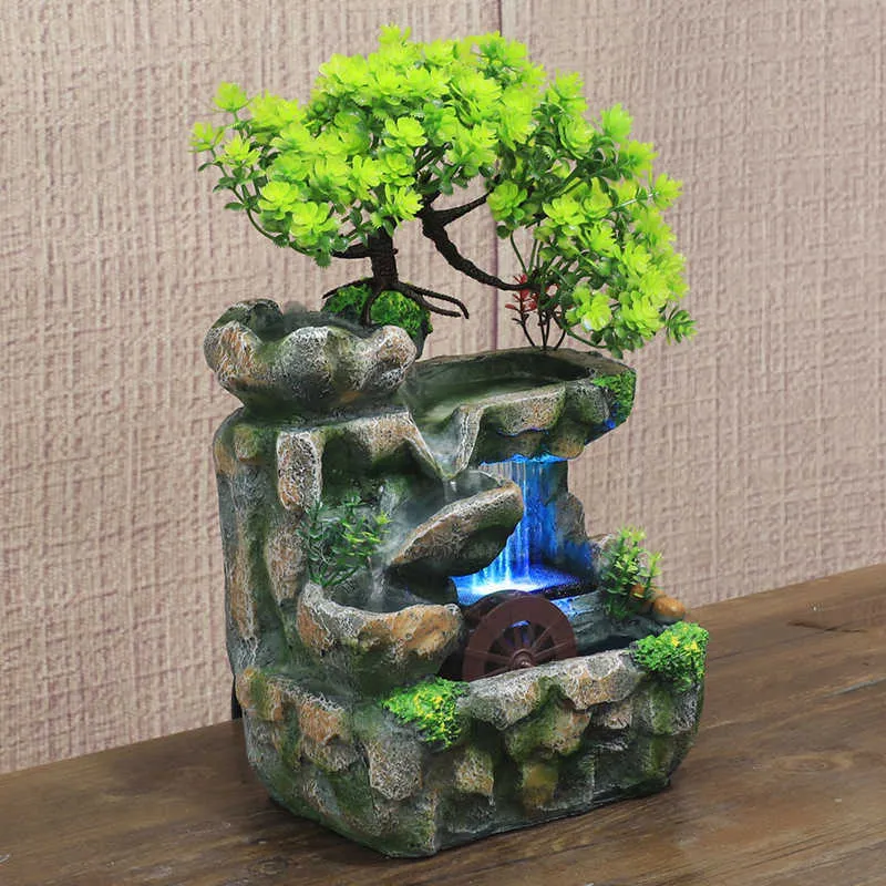 Fonte de água corrente Feng Shui criativa Desktop Resina Rockery Paisagem Cachoeira Fonte Artesanato com mudança de Led de 7 cores 210811