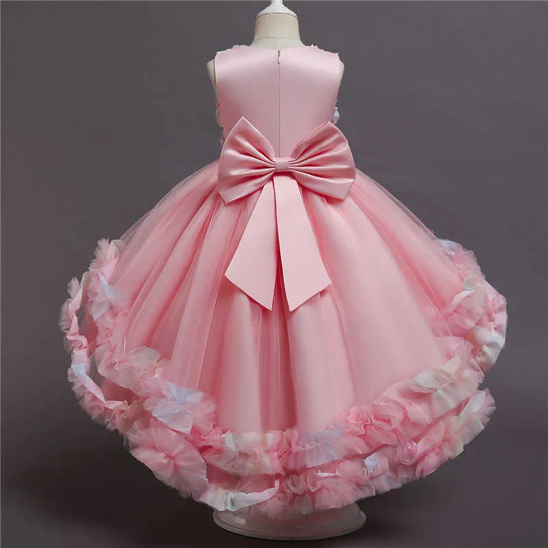 Mariage Filles Princesse Robe Élégante Enfants Fleur Dentelle Maille Longue Queue Robe De Bal Pour Enfants Soirée Demoiselle D'honneur Tutu Robes Q0716