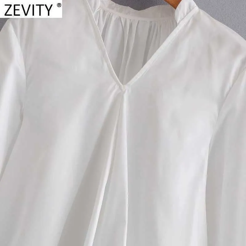 Zevity kvinnor mode v nacke solid färg avslappnad vit smock skjorta kontor dam tillbaka pleat blouse roupas chic femininas toppar ls7606 210603