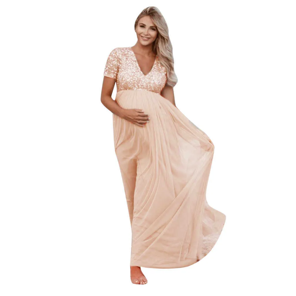 Kobiety w stylu ciążowe ciążowe rekwizyty krótki rękaw Cekinowany stałe sukienki ciążowe Suknie na zdjęciu Y0924