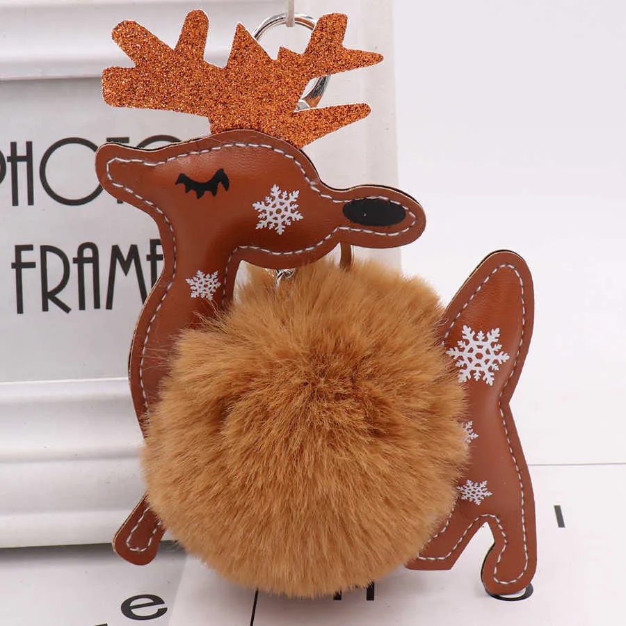 Nouveau mignon cerf animal boule de fourrure porte-clés en cuir PU wapiti flocon de neige en peluche pendentif porte-clés femme sac voiture ornements cadeaux de Noël G1019