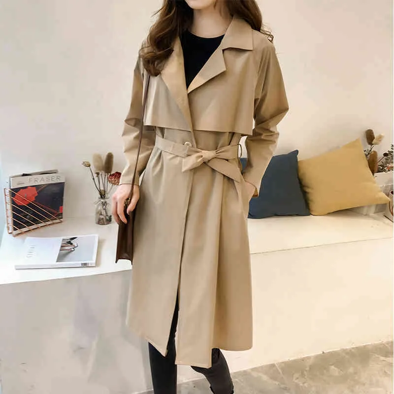 Gabardina de primavera y otoño para mujer, cortavientos de longitud media con encaje de Color puro coreano, abrigo femenino ajustado holgado LL613 210506