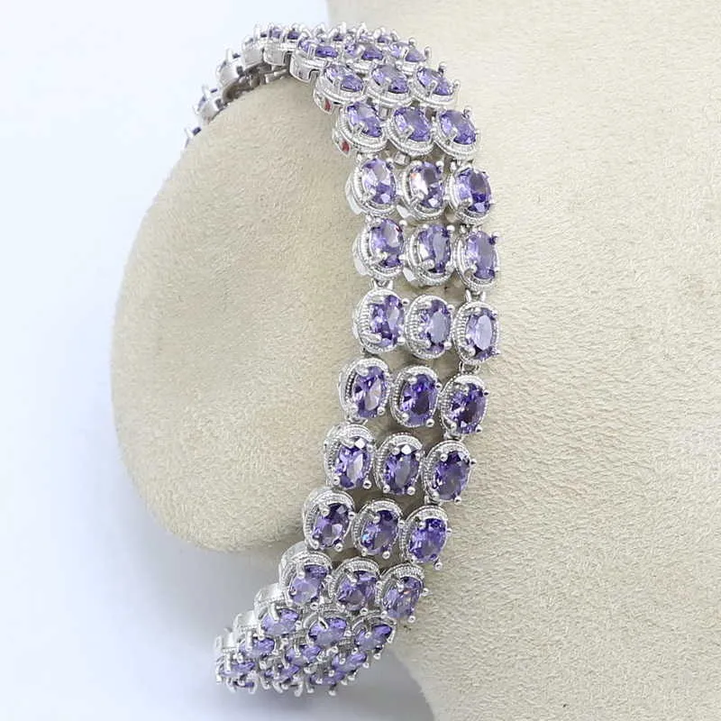 Ensemble de bijoux naturels de couleur violet argent pour femmes, Bracelet, boucles d'oreilles, collier, pendentif, bague, boîte-cadeau H1022