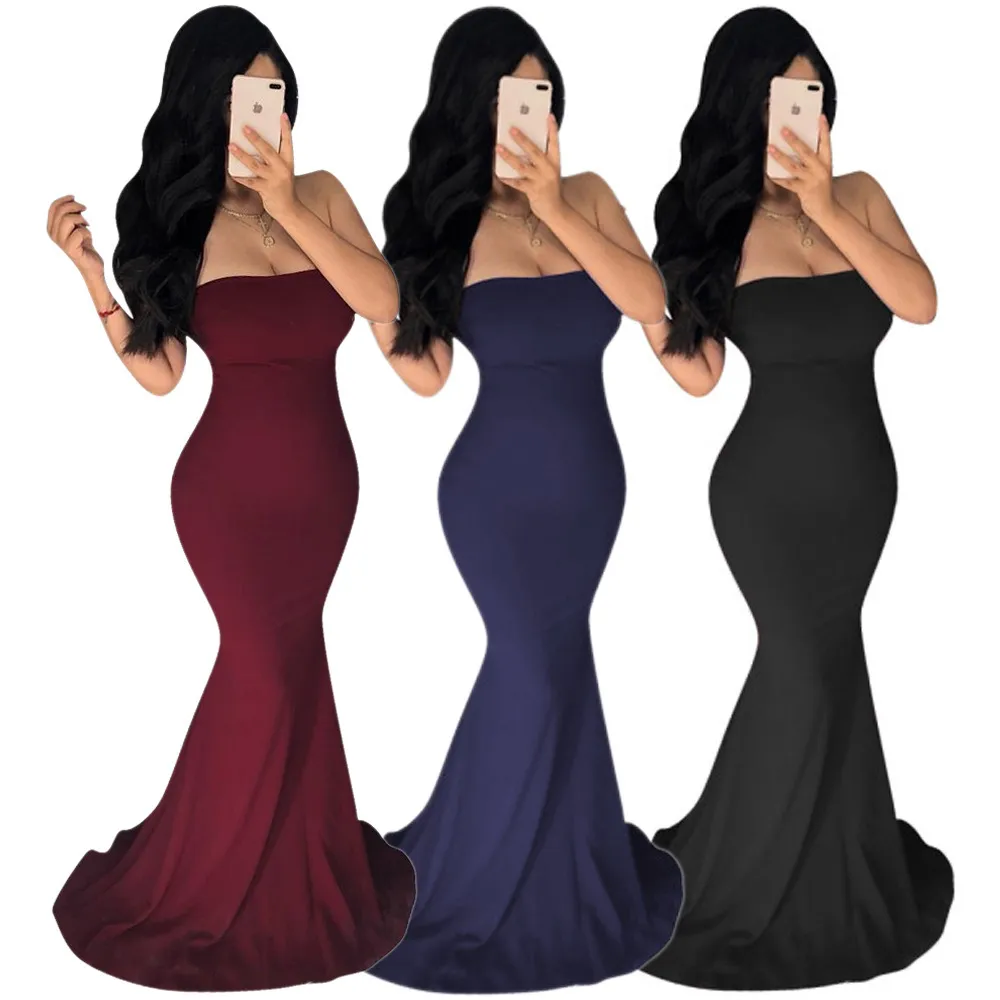 Omsj sexig elegant feströr topp lång klänning kvinna av axel skinny svart / röd / blå hög midja spets upp bodycon vestido kvinnlig 210517