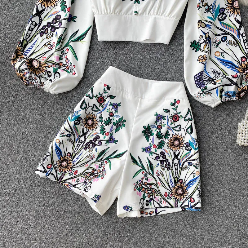 Spring Summer Vacation Suit For Women Long Sleeve Retro Print Short Shirts + High Waist Pants Two Piece Set Outfit 210428