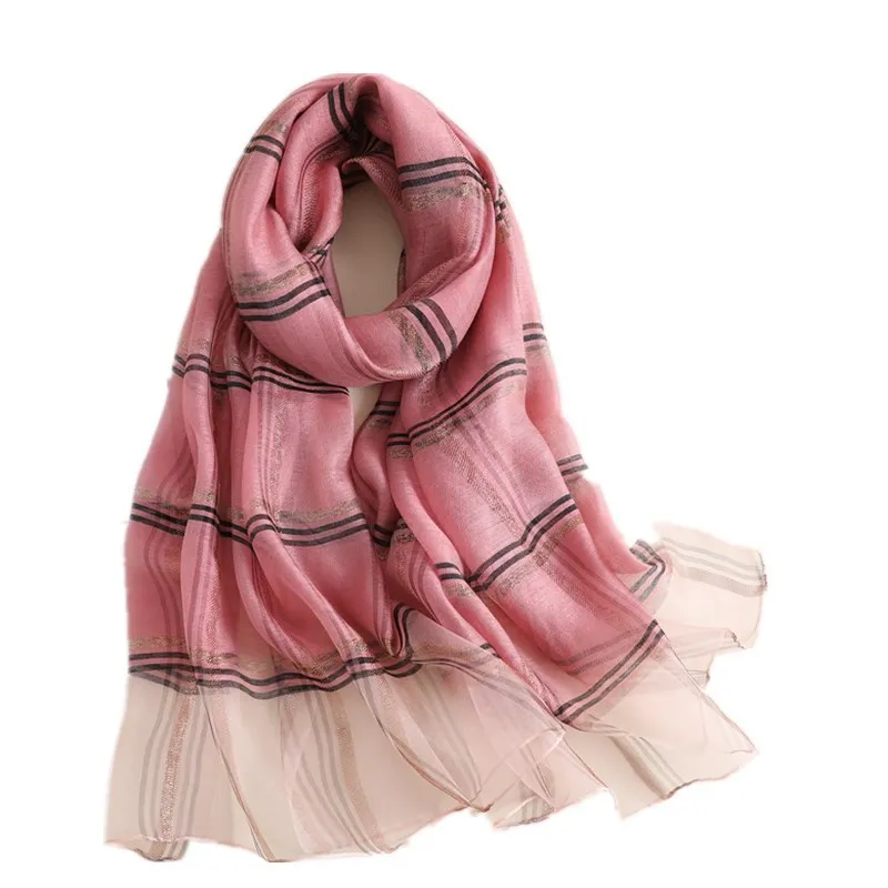 Novos lenços de seda misturada feminino ouro seda clássico xadrez cachecol versátil longo xale inteiro297p