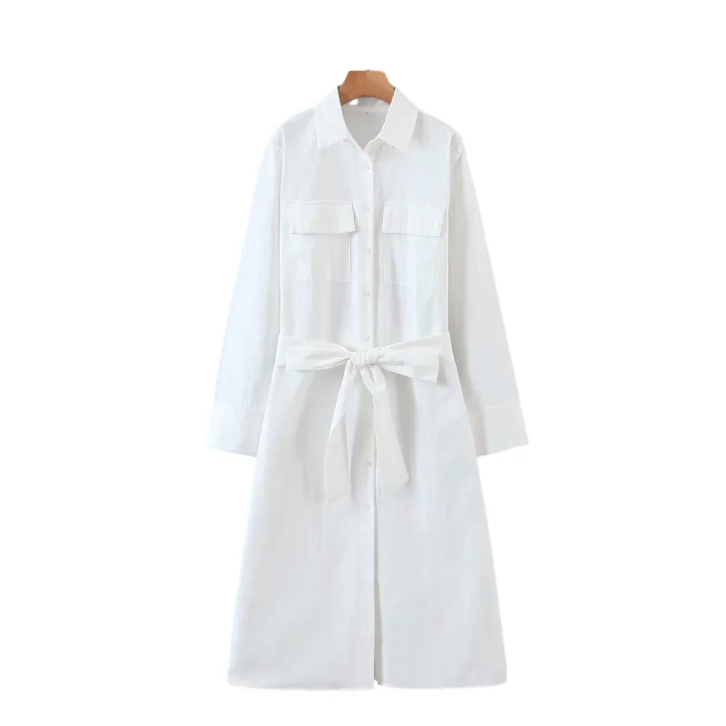 Casual Woman White Cotton Soft Shirt Dress Spring-Autumn Ladies Elegant Basic Sashes es Female Chic Pocket 210515