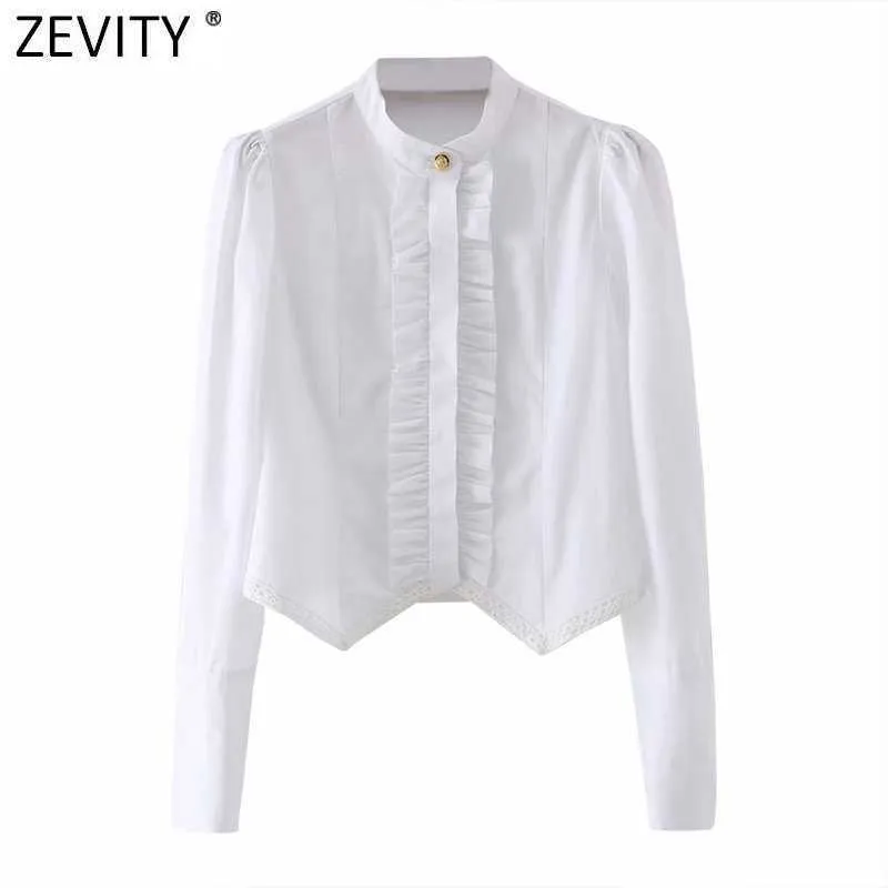 Zevity Women Sweet Agaric Lace Design White Smock Blus kontor Lady Stand Collar Chic Shirts Business Femininas Tops LS7692 210603