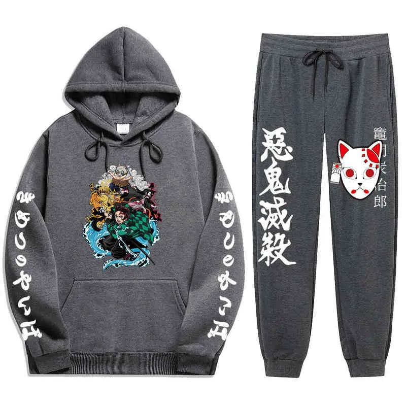 Anime Demon Slayer Winter Trainingspak 2 Delige Set Tanjiro Kamado Print Hoodies Broek Sportwear Mannen Pak Hooded Sweatshirt Harajuku G1222