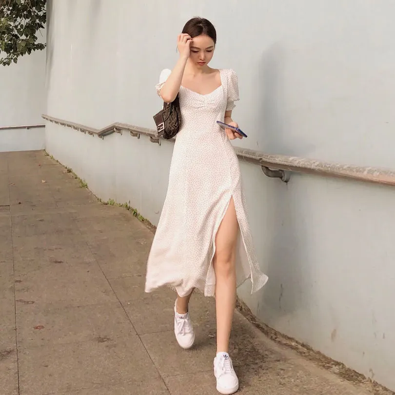 BP 미디 드레스 여성 우아한 A 라인 한국어 빈티지 보라색 시폰 여름 여성 드레스 파티 스퀘어 칼라 Boho Vestidos 210331