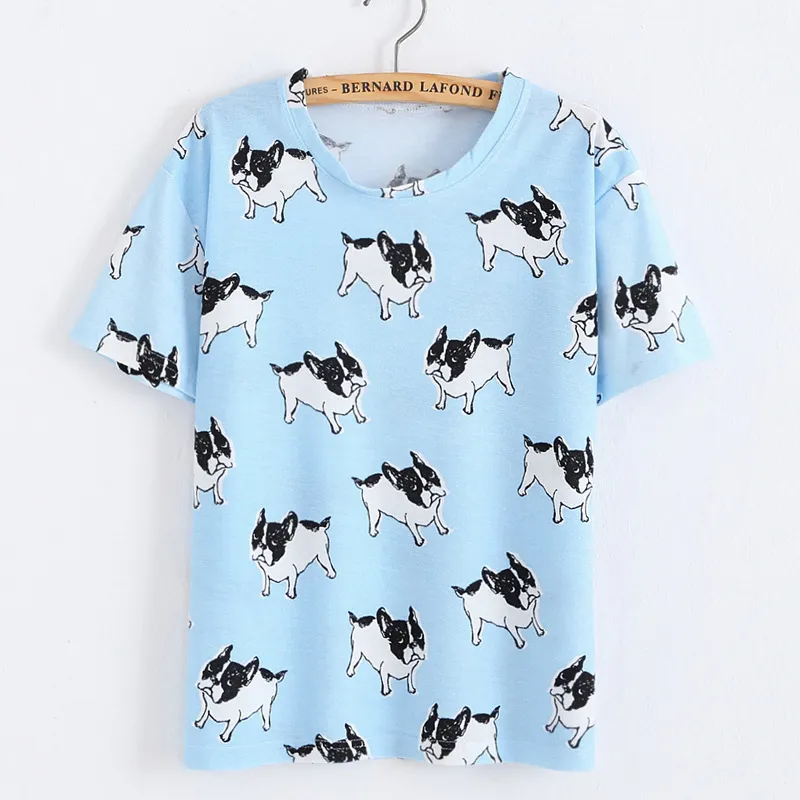 Verão de algodão camiseta mulheres cópia cão bonito bulldog francês impresso tops de manga curta para tee branco rosa t06201w 210421