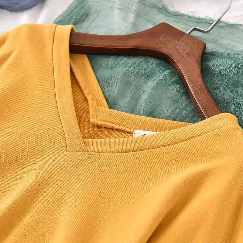Johnature Women Casual Pullover Bluzy V-Neck Flare Rękaw Solid Color Jesień Luźne Sweet Mori Girl Sweatshirts 210521