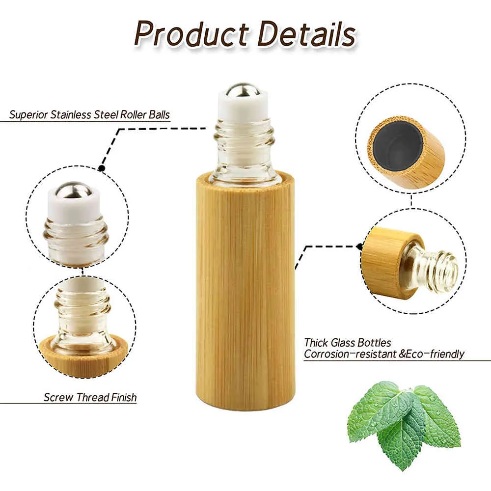Flacons compte-gouttes rechargeables en bambou de 5ML, pour huiles essentielles, parfum cosmétique, flacon à roulettes en acier inoxydable, Mini Tube en verre