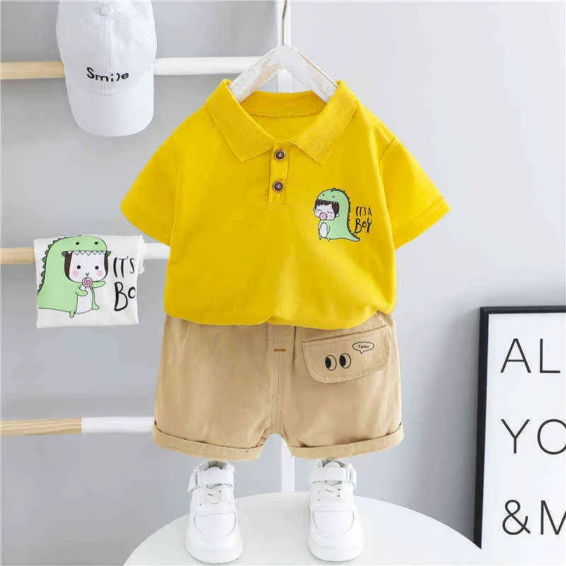 Toddler Infant Sommar Kläder Satser Baby Boys Cartoon Lapel T Shorts Cartoon Dinosaur Kids Outfits Barn Casual Clothes G220310