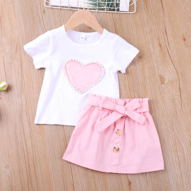 T-shirt d'été + bouton décoration jupe courte enfants vêtements fille enfant ensembles bébé 210528