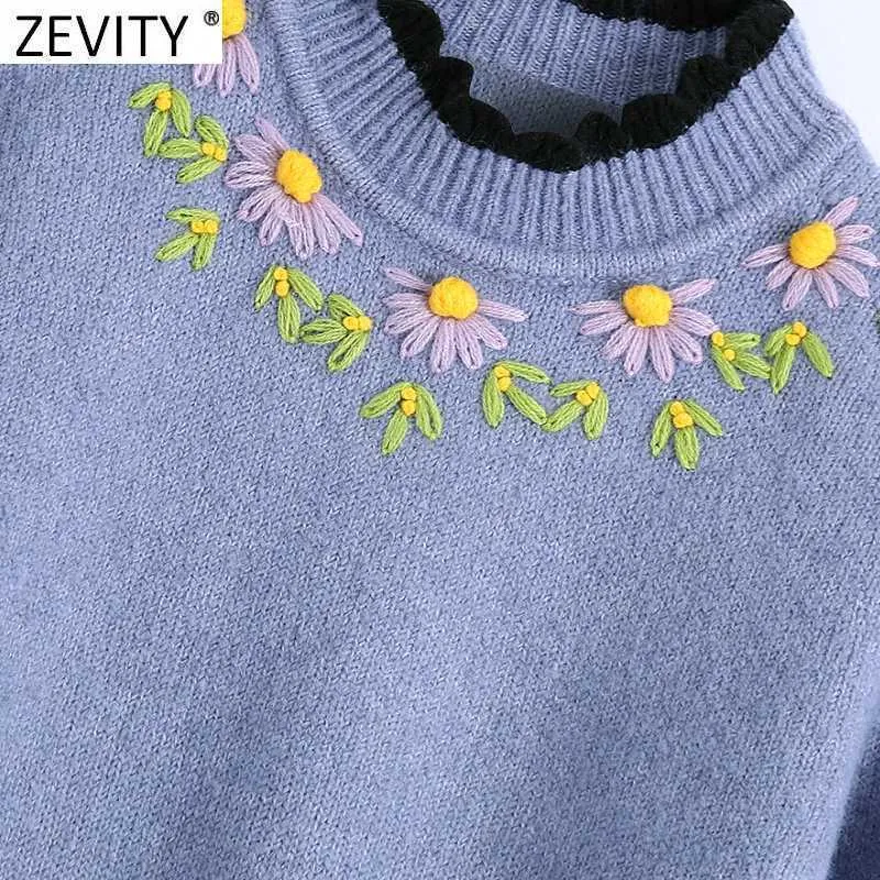 ZEVITY Kadın Moda Dantel Tığ Çiçek Aplikler Rahat Örgü Kazak Femme Chic Uzun Kollu Nakış Kazaklar Tops S575 210603
