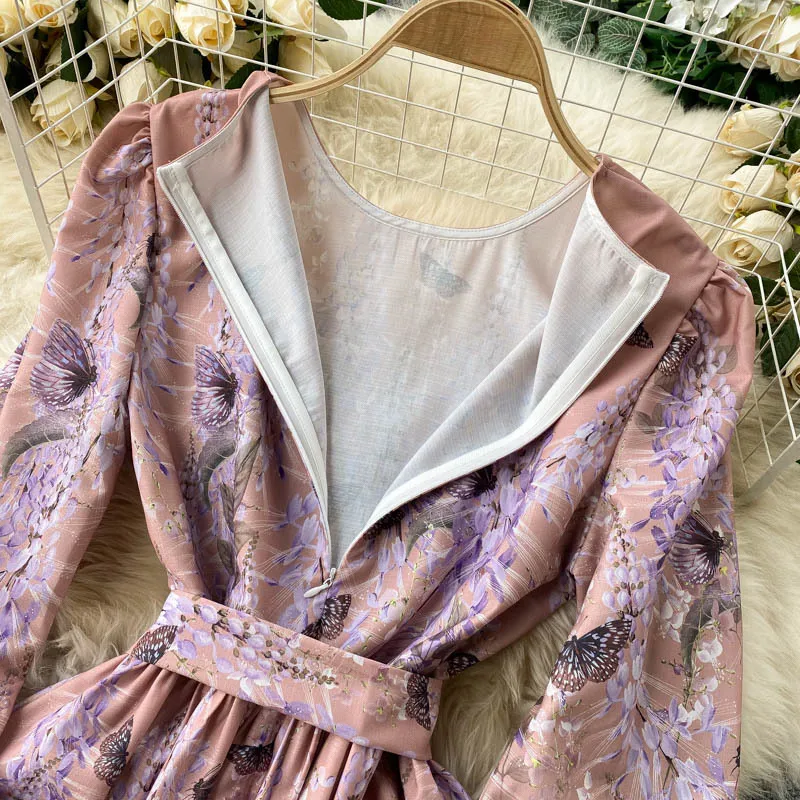 Frühling Herbst Vintage Frauen Oansatz Puff Sleeve Schmetterling Blumendruck Kleid Casual Lose Schärpe Krawatte Up Lila 210423